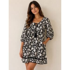 Studio Park Women’s Black White Floral Peasant Blouse Size Large Boho Top